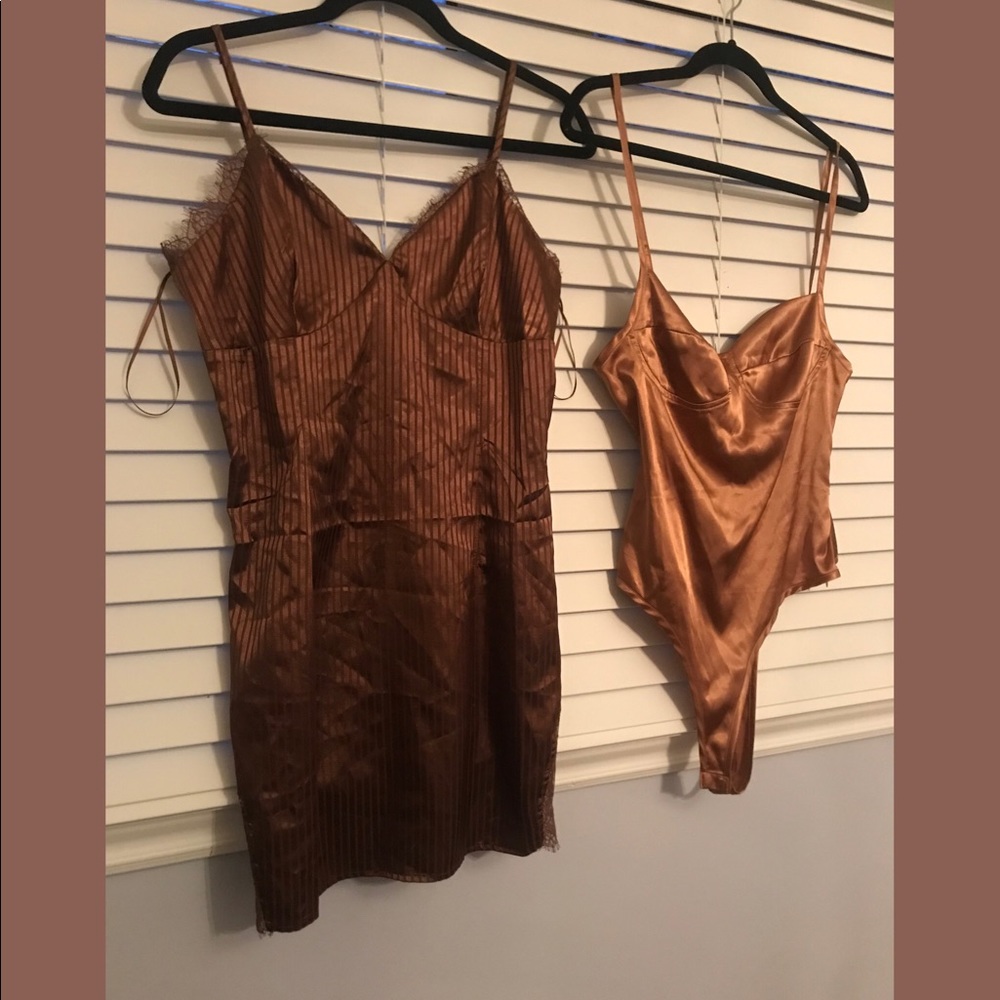 Sexy Brown Satin Bodysuit & Slip Dress Large